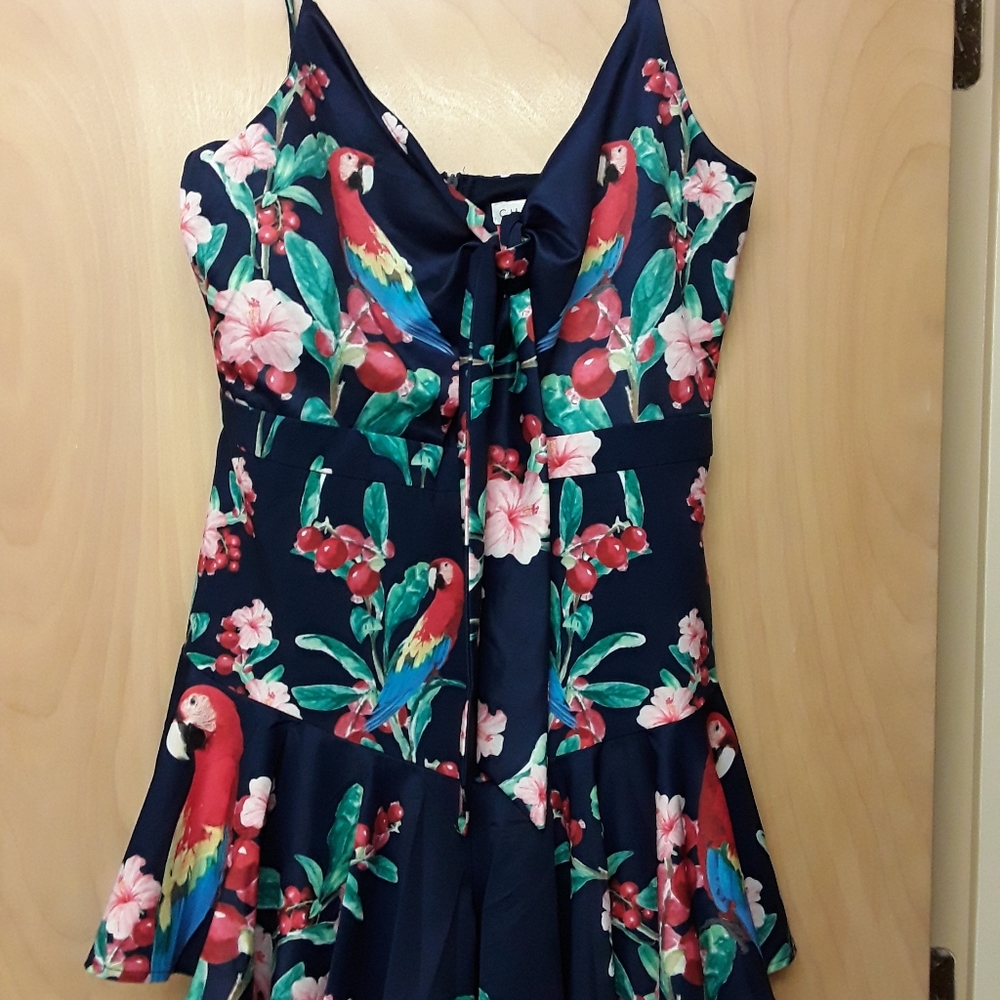 Navy parrot cherry floral tropic pinup bow romper